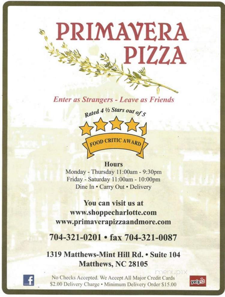 Primavera Pizza - Matthews, NC menu_pic