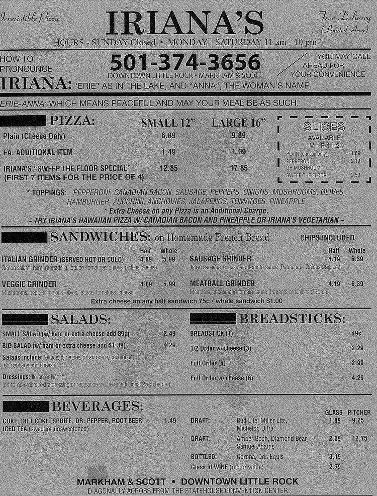 Iriana's Pizza - Little Rock, AR menu_pic