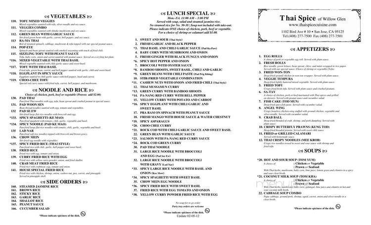 Thai Spice - San Jose, CA menu_pic