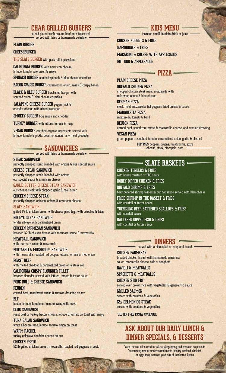 The Slate Pub - Pen Argyl, PA menu_pic