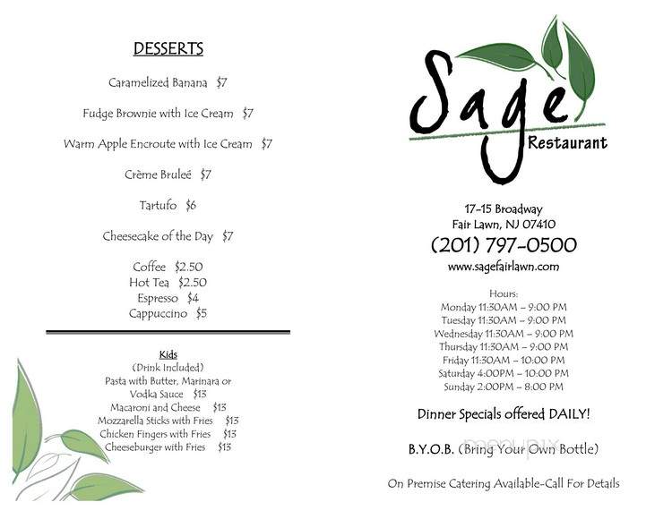 Sage Restaurant - Fair Lawn, NJ menu_pic