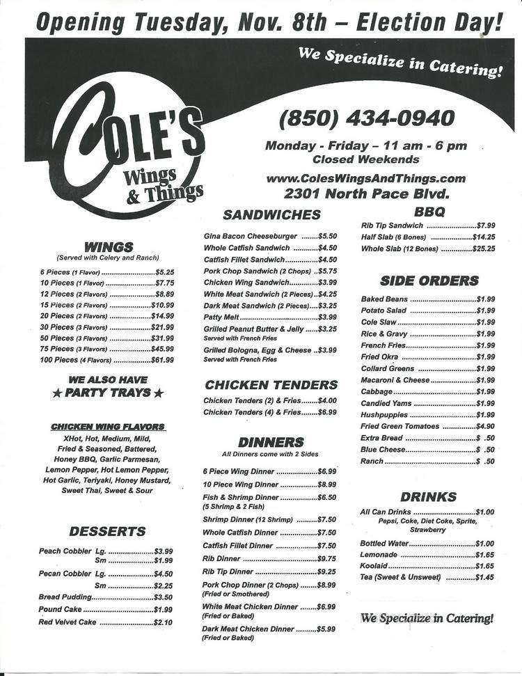 Cole's Wings and Things II - Pensacola, FL menu_pic