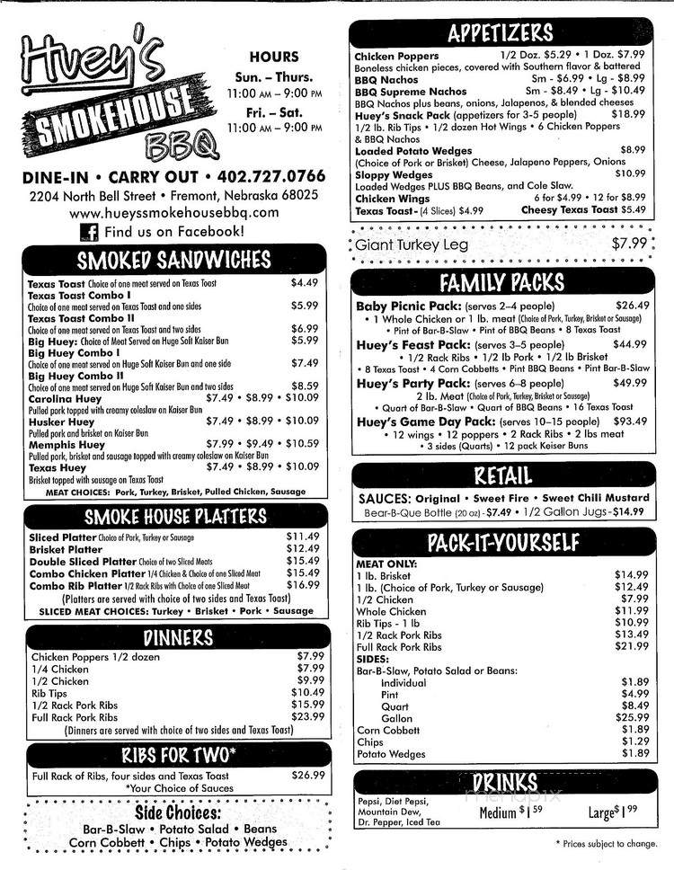 Huey's Smokehouse BBQ - Fremont, NE menu_pic