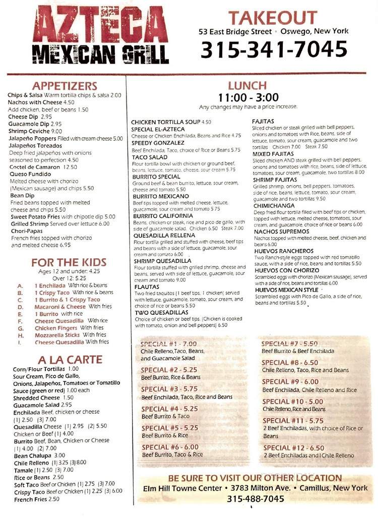 Azteca Mexican Grill - Camillus, NY menu_pic
