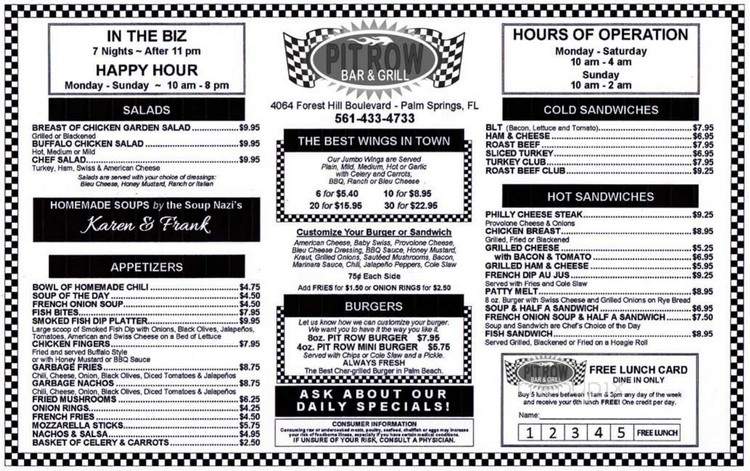Pit Row Bar Grill - Palm Springs, FL menu_pic