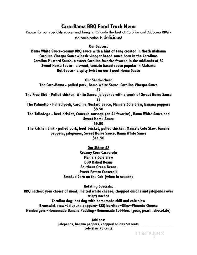Caro-Bama BBQ Mobile Food Truck - Orlando, FL menu_pic