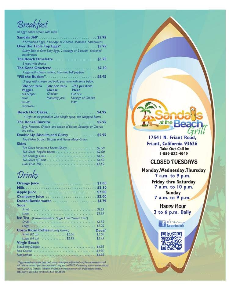 Sandals At The Beach Grill - Friant, CA menu_pic
