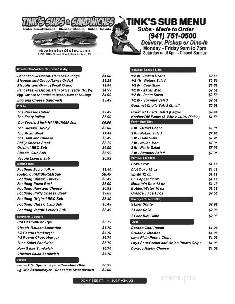 Tink's Subs - Sub Sandwich Delivery - Bradenton, FL menu_pic