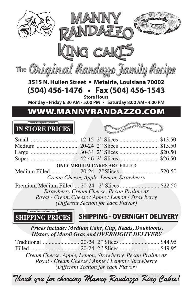 Menu of Manny Randazzo's King Cakes in Metairie, LA 70002