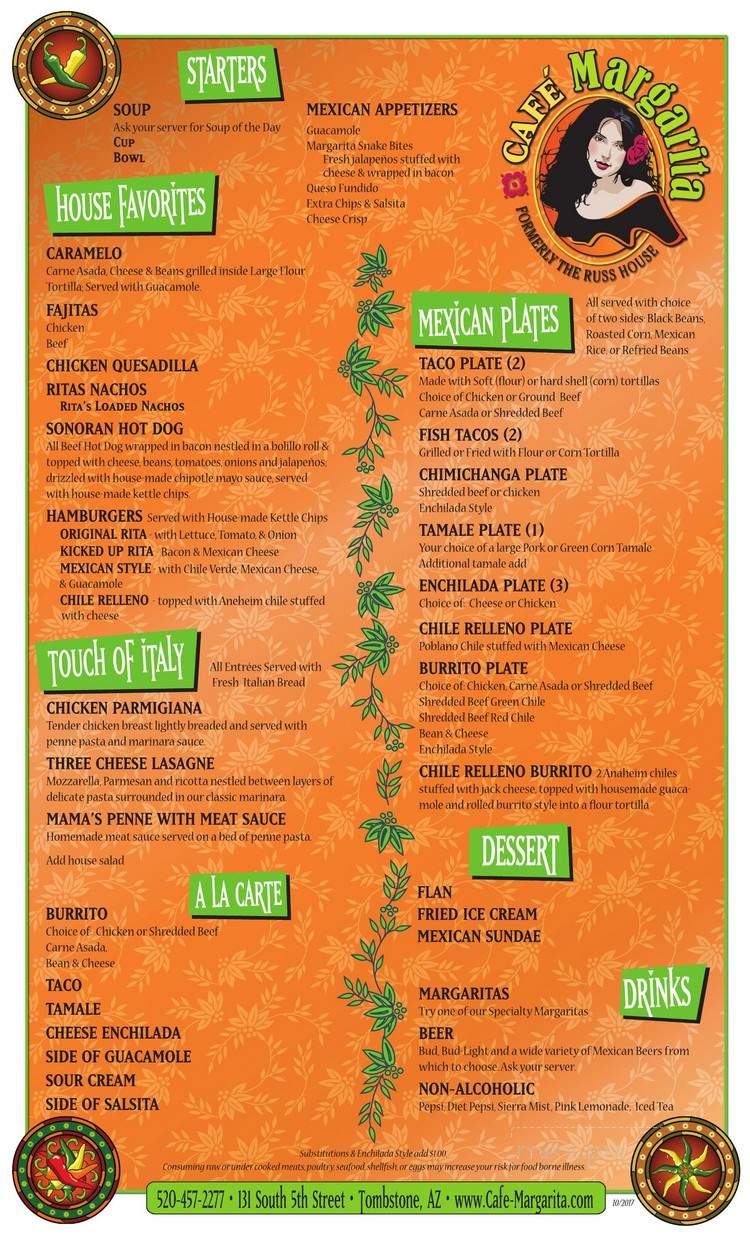 Cafe Margarita - Tombstone, AZ menu_pic
