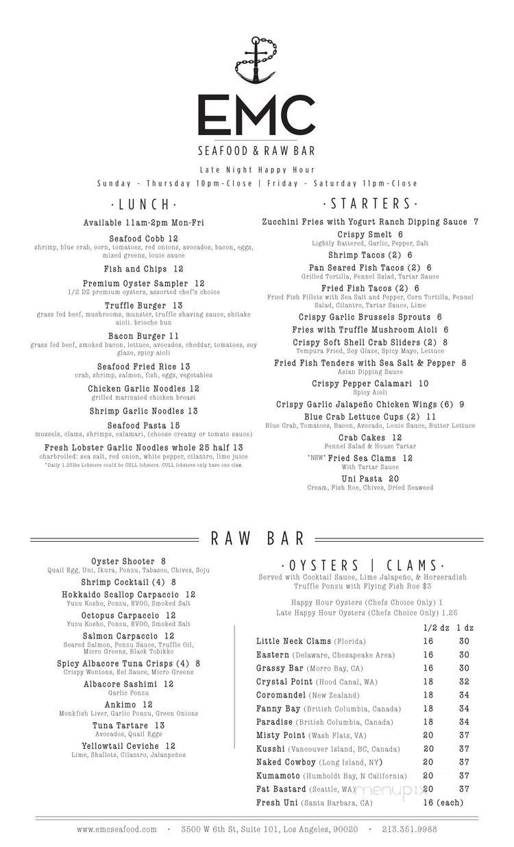 EMC Seafood & Raw Bar - Los Angeles, CA menu_pic