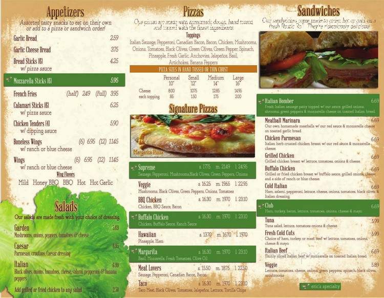 Eric's Hand Tossed Pizza and Subs - Oconomowoc, WI menu_pic