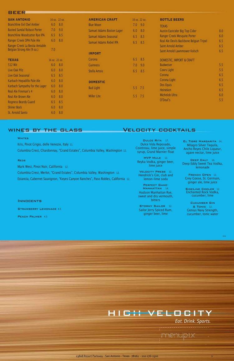 High Velocity - San Antonio, TX menu_pic