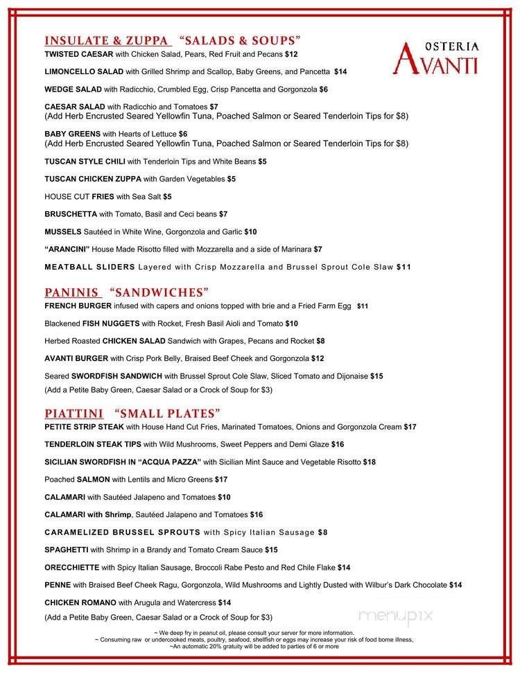 Osteria Avanti - Leola, PA menu_pic