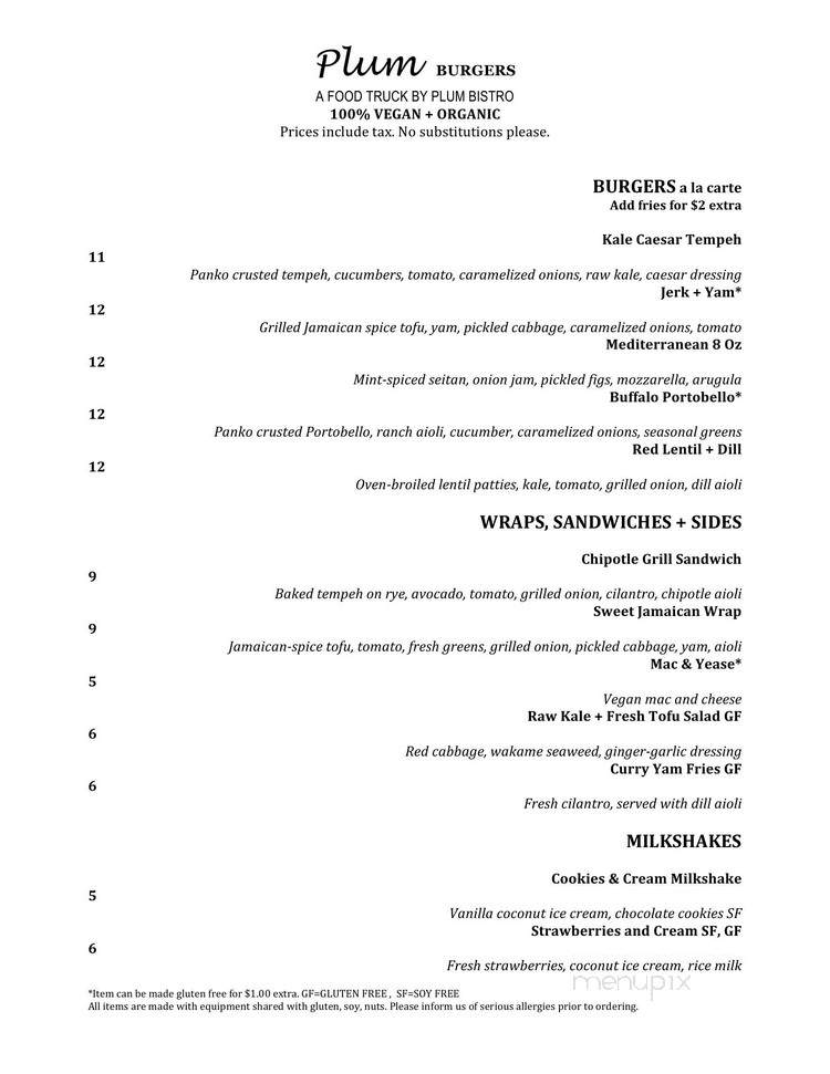 Plum Burgers - Seattle, WA menu_pic