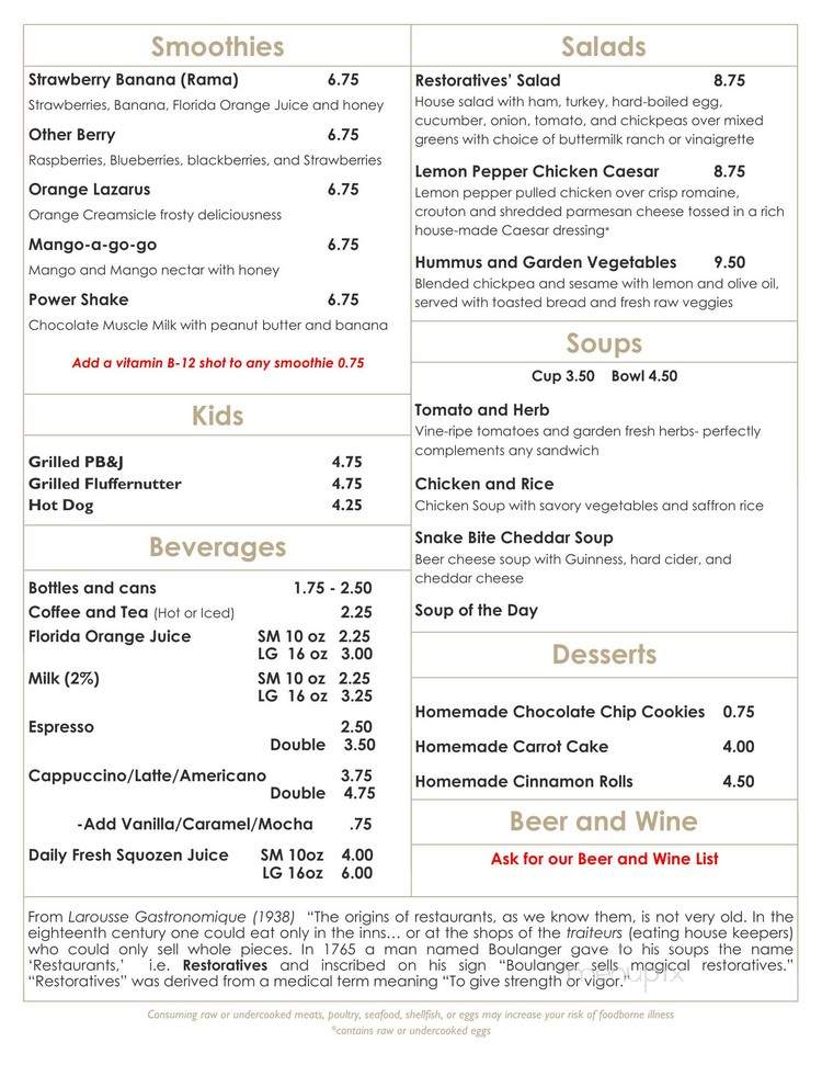 Restoratives Cafe - Fort Myers, FL menu_pic