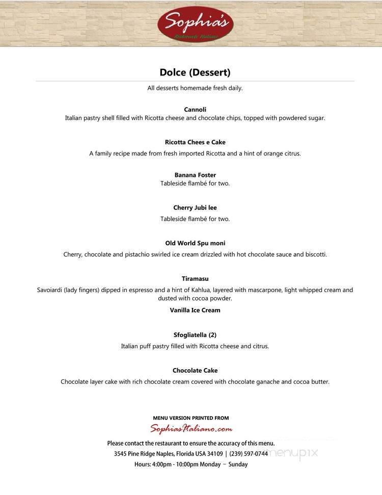 Sophia's Ristorante Italiano - Naples, FL menu_pic