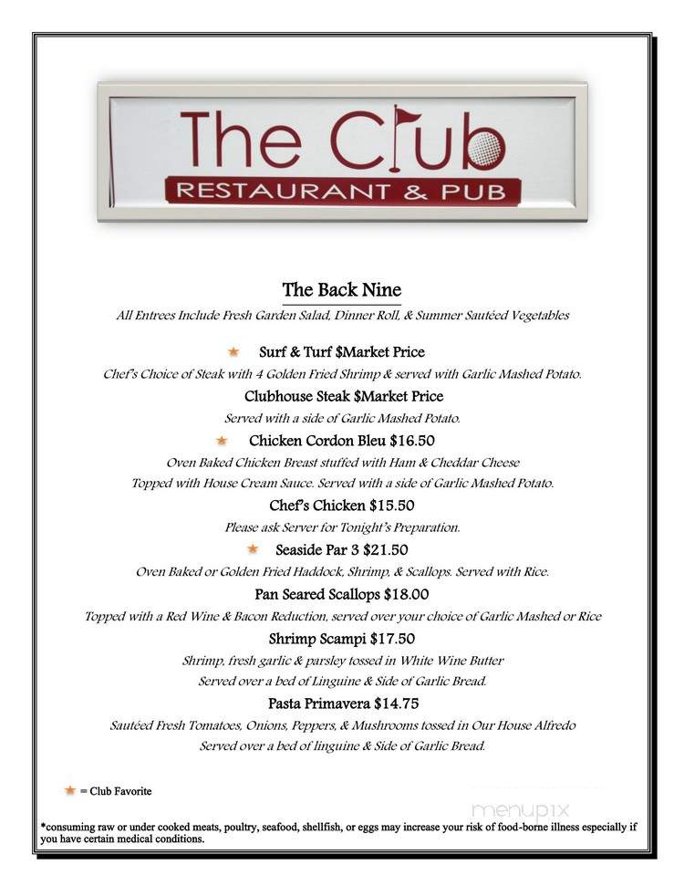 The Club Restaurant & Pub - Newport, VT menu_pic