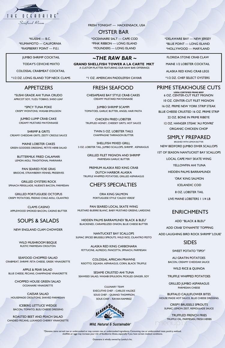 The Oceanaire Seafood Room - Hackensack, NJ menu_pic
