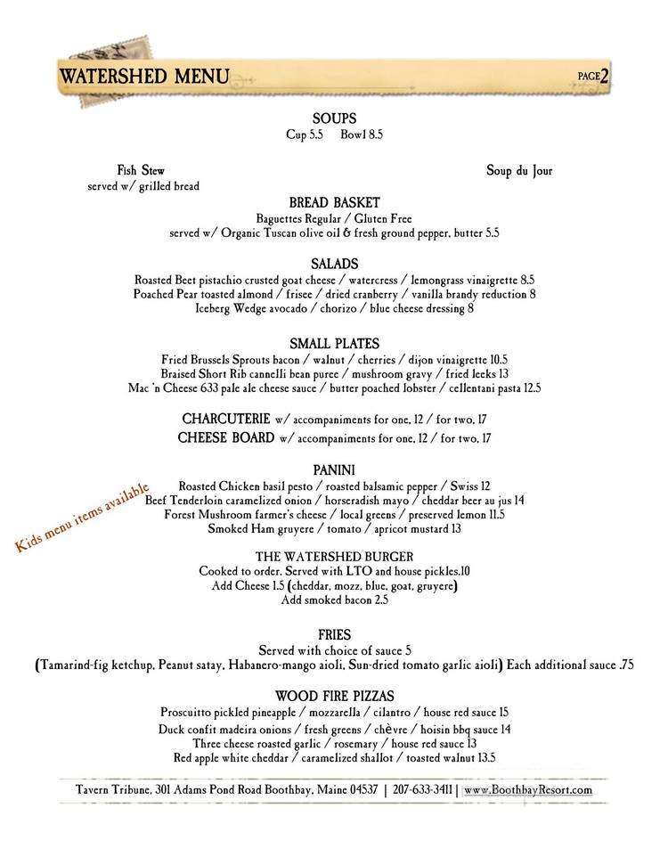Watershed Tavern - Boothbay, ME menu_pic