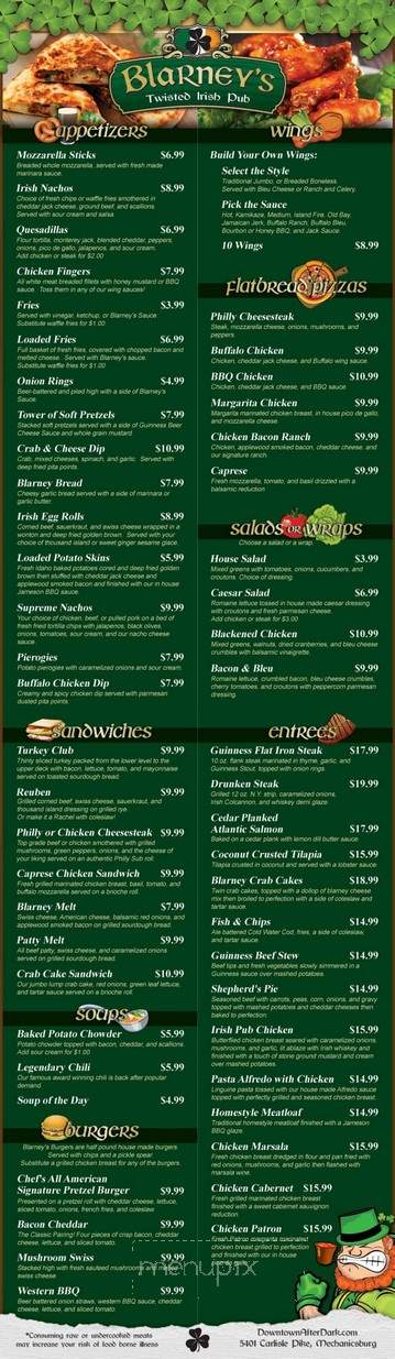 Blarney's Twisted Irish Pub - Mechanicsburg, PA menu_pic
