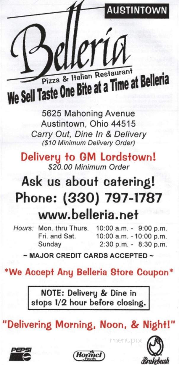 Belleria Pizza & Italian Restaurant and Bar - New Middletown, OH menu_pic