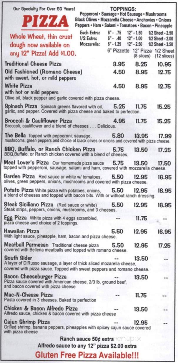 Belleria Pizza & Italian Restaurant and Bar - New Middletown, OH menu_pic