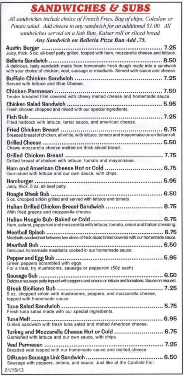 Belleria Pizza & Italian Restaurant and Bar - New Middletown, OH menu_pic