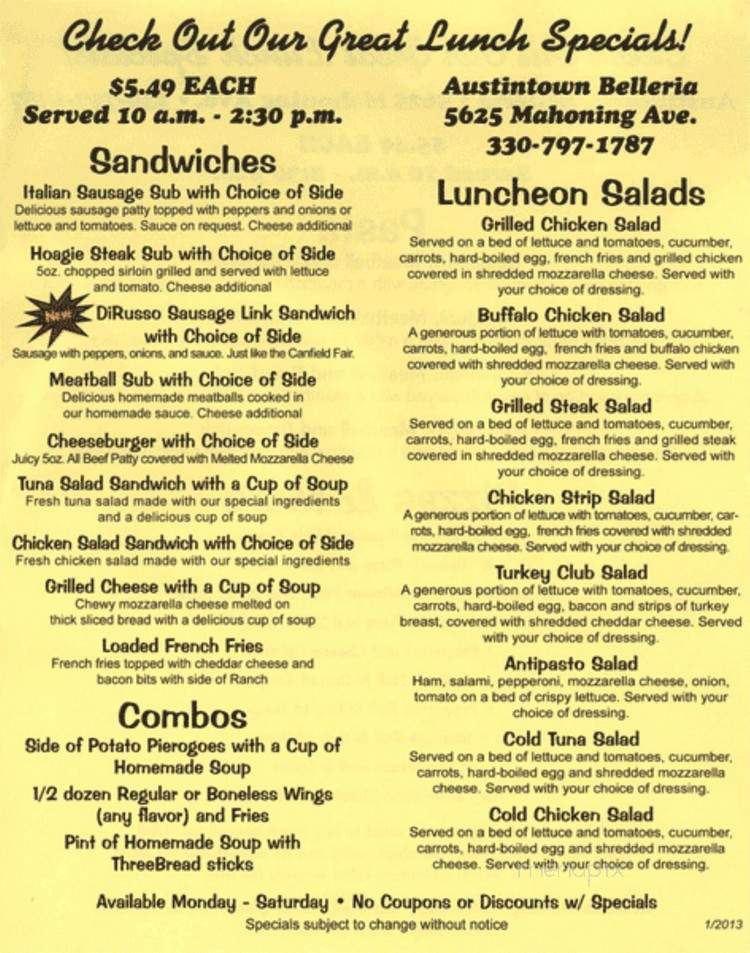 Belleria Pizza & Italian Restaurant and Bar - New Middletown, OH menu_pic