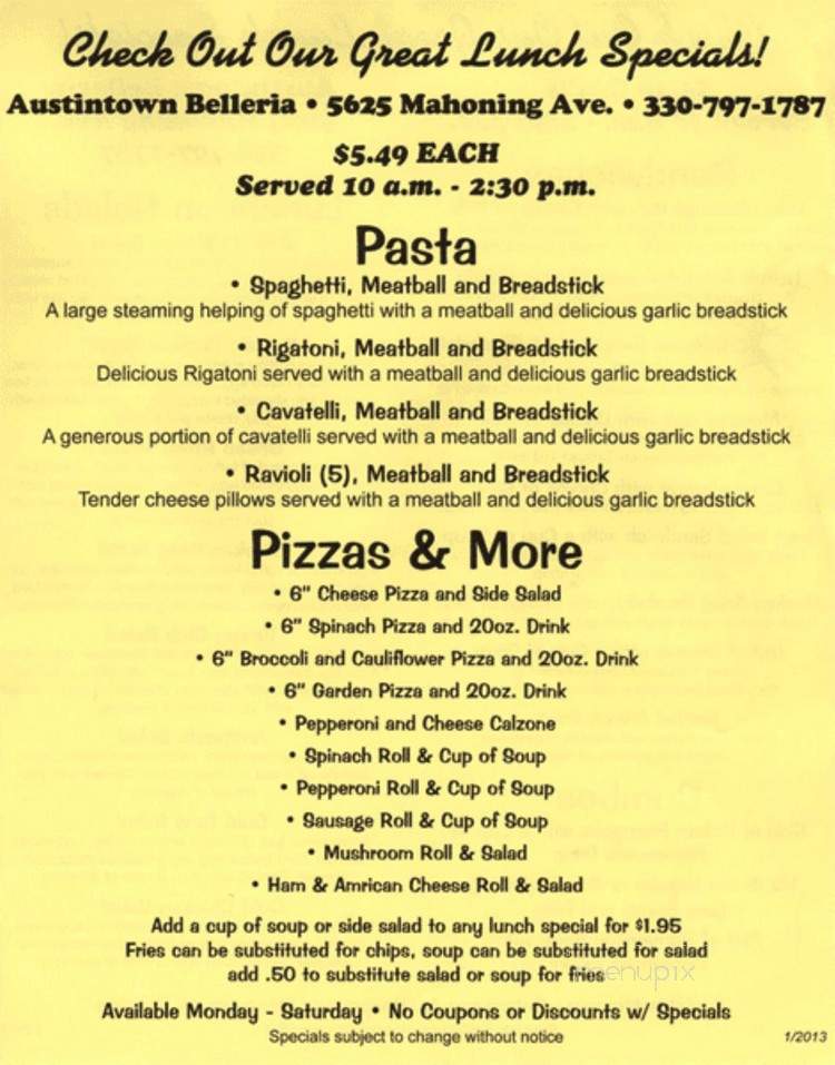 Belleria Pizza & Italian Restaurant and Bar - New Middletown, OH menu_pic