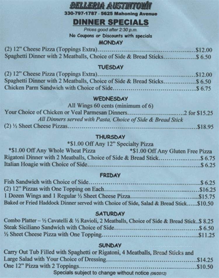 Belleria Pizza & Italian Restaurant and Bar - New Middletown, OH menu_pic