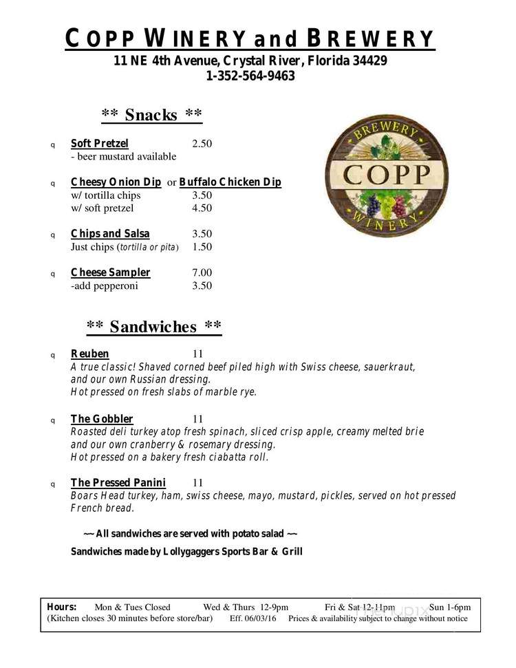 Copp Winery & Brewery - Crystal River, FL menu_pic