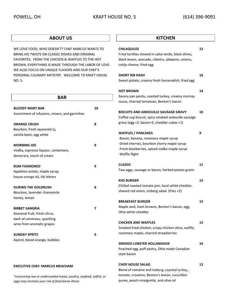 Kraft House No. 5 - Powell, OH menu_pic