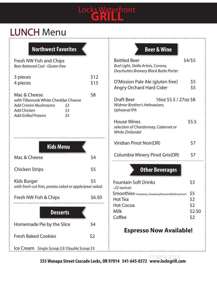Locks Waterfront Grill - Cascade Locks, OR menu_pic