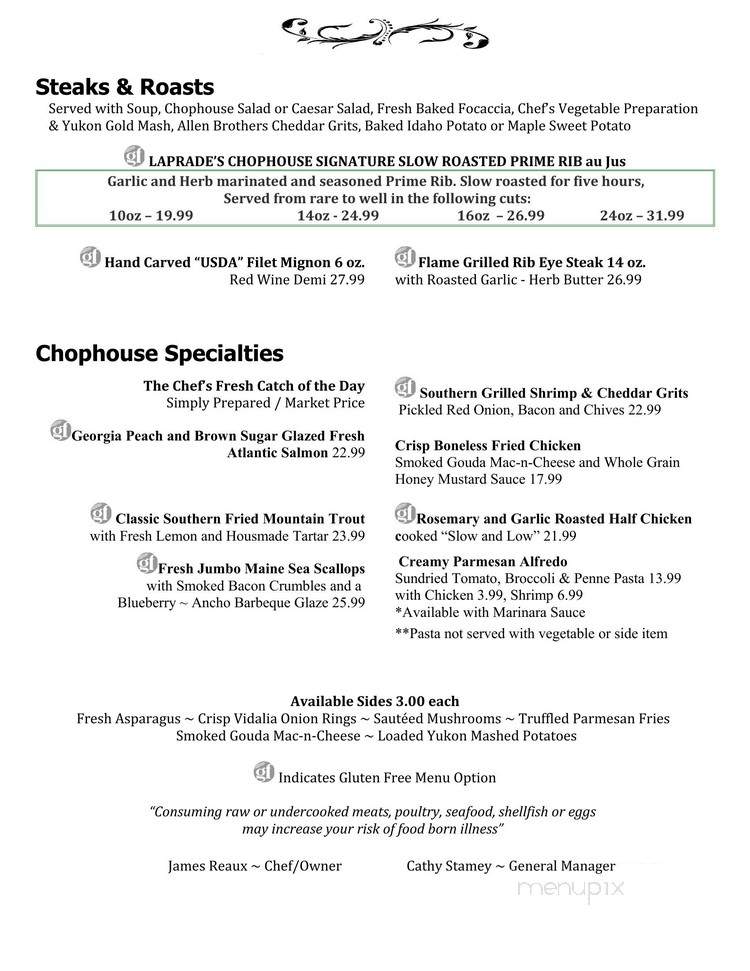 Chophouse at Laprade's on Lake Burton - Clarkesville, GA menu_pic