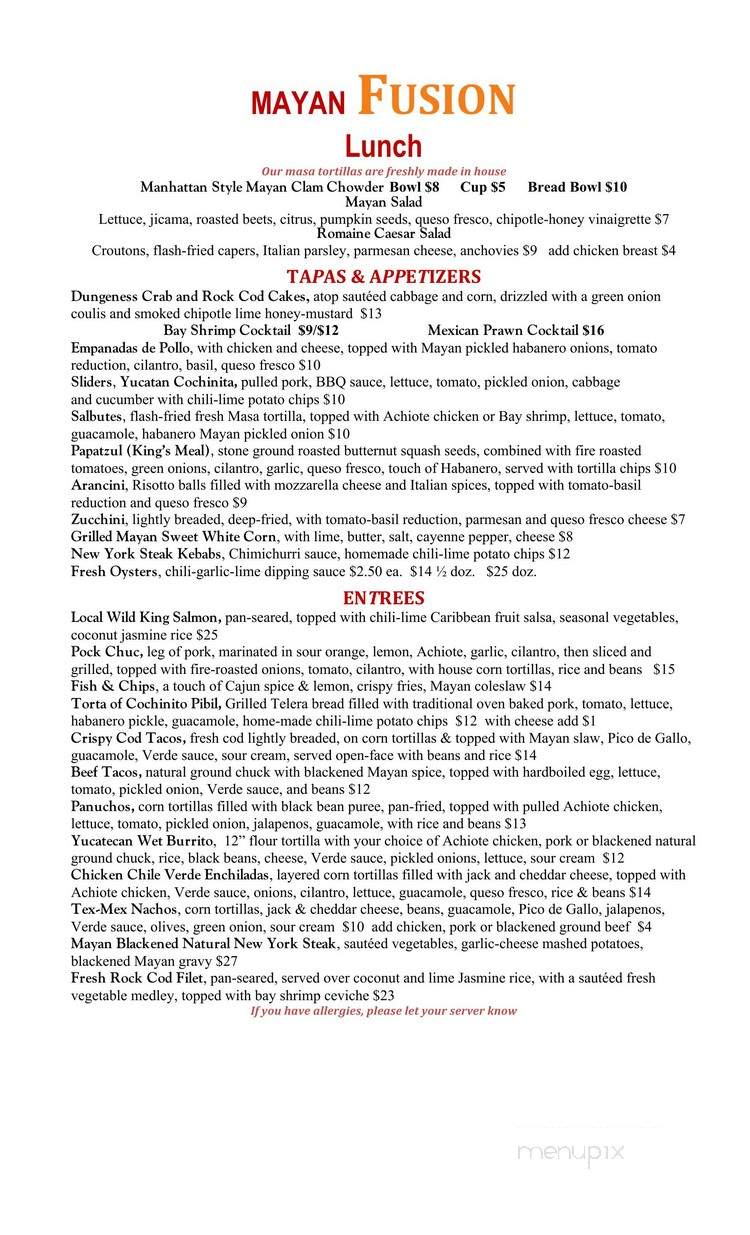 Mayan Fusion - Fort Bragg, CA menu_pic