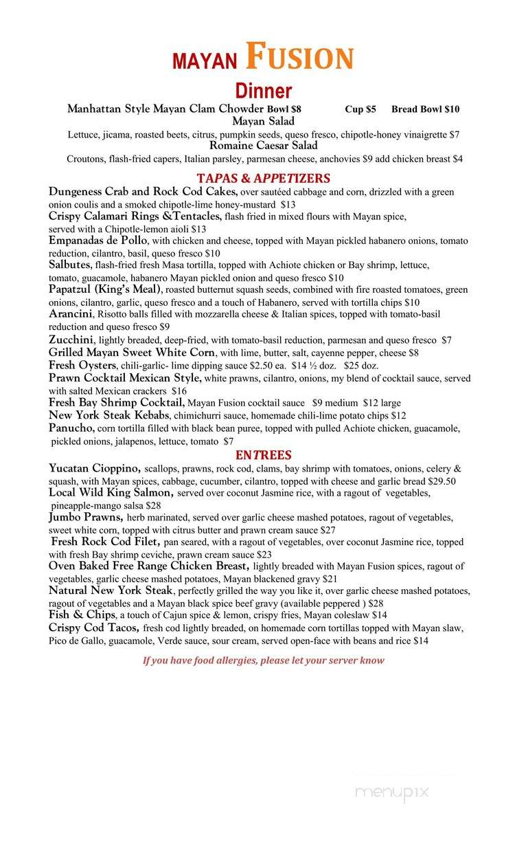 Mayan Fusion - Fort Bragg, CA menu_pic