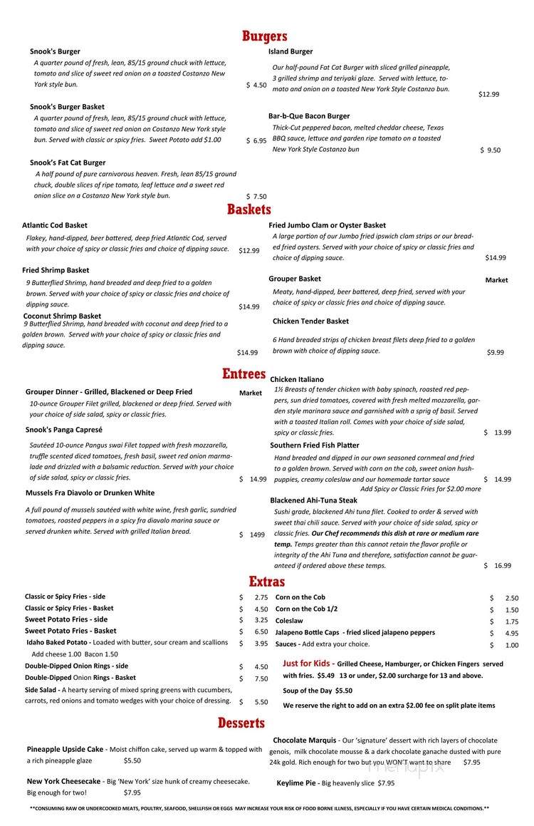 Snook's Bayside Bar & Grill - Englewood, FL menu_pic
