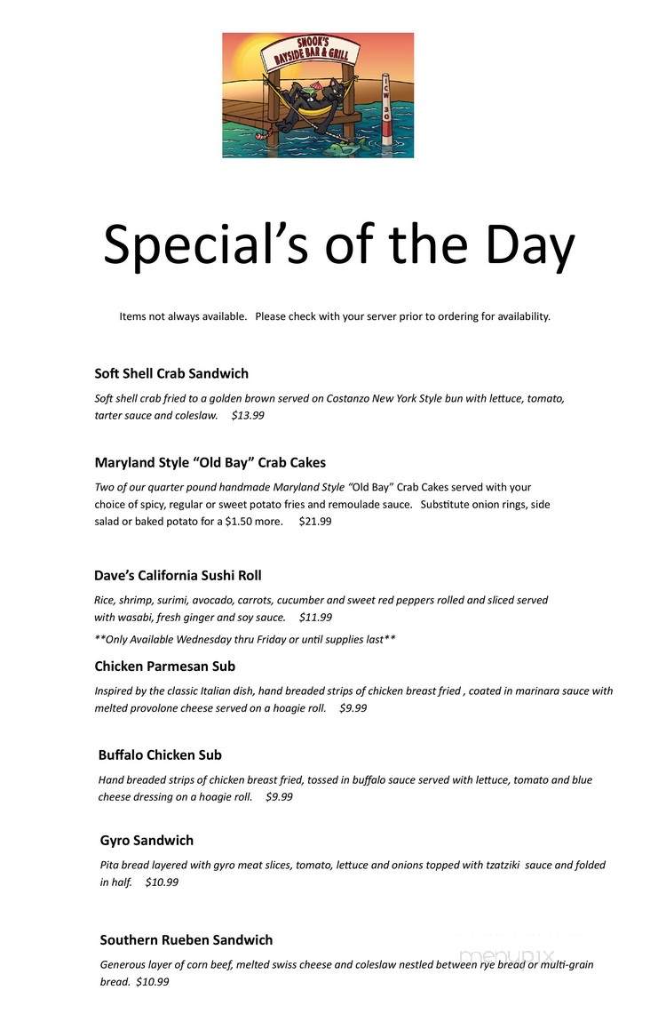 Snook's Bayside Bar & Grill - Englewood, FL menu_pic
