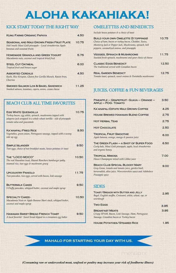 Beach Club Restaurant - Lahaina, HI menu_pic