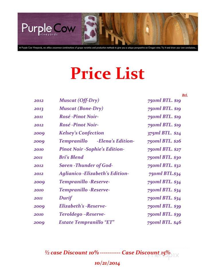Purple Cow Vineyards - Newberg, OR menu_pic