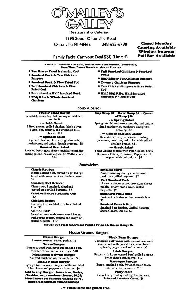 O'Malley's Galley Restaurant and Catering - Ortonville, MI menu_pic