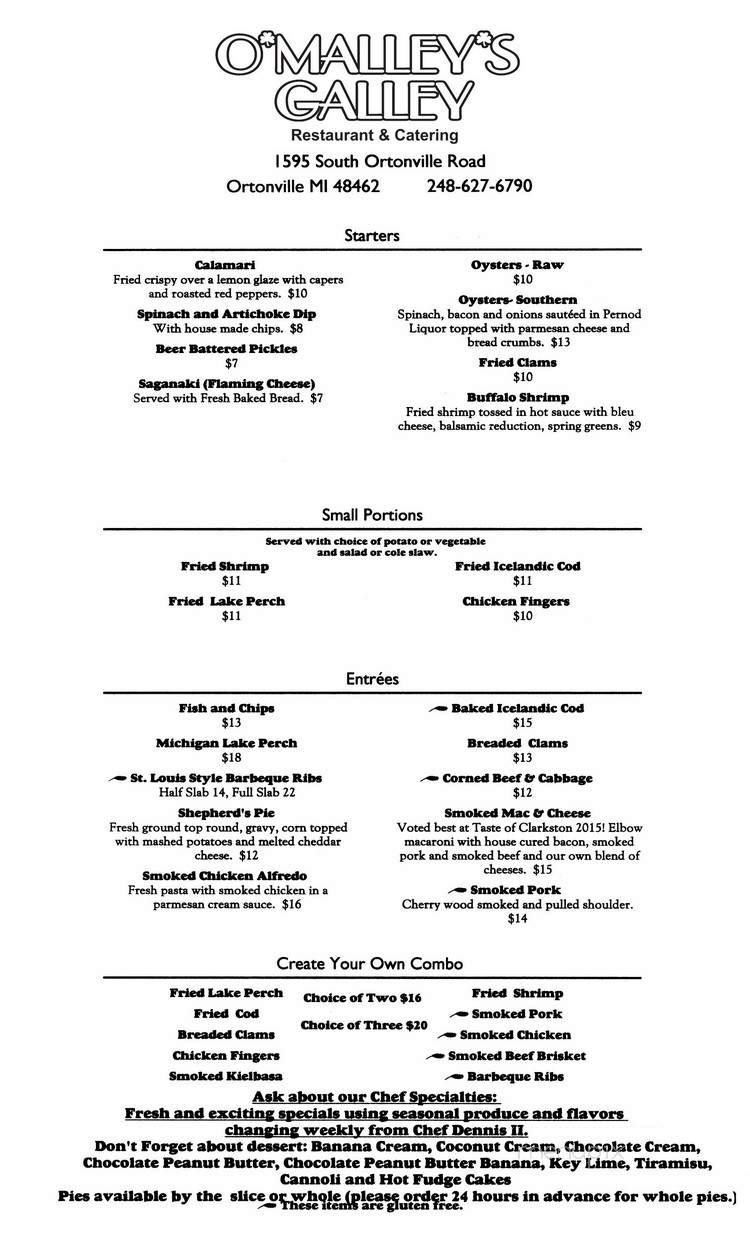 O'Malley's Galley Restaurant and Catering - Ortonville, MI menu_pic