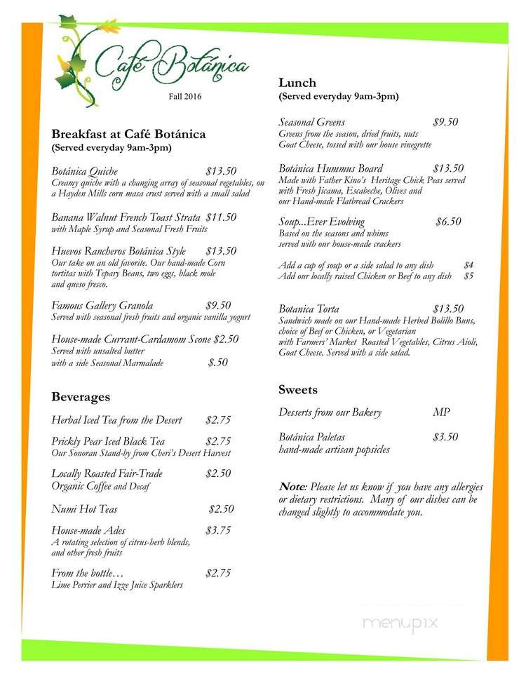 Cafe Botanica - Tucson, AZ menu_pic