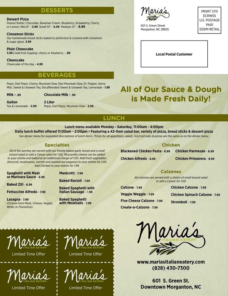 Maria's Italian Eatery - Morganton, NC menu_pic