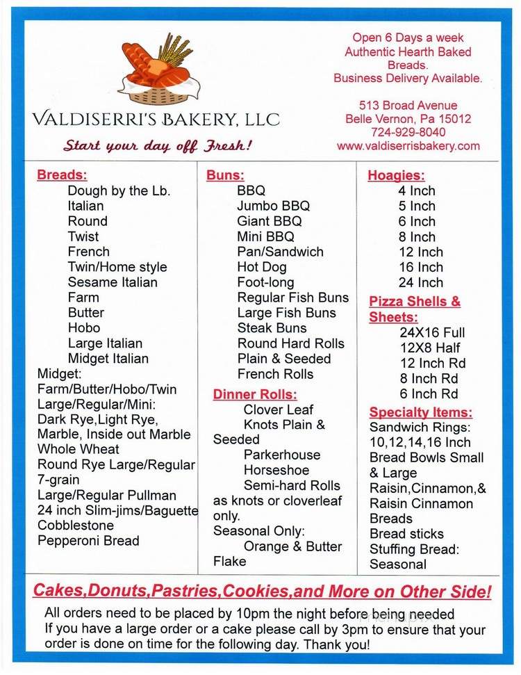 Valdiserri's Bakery - Belle Vernon, PA menu_pic