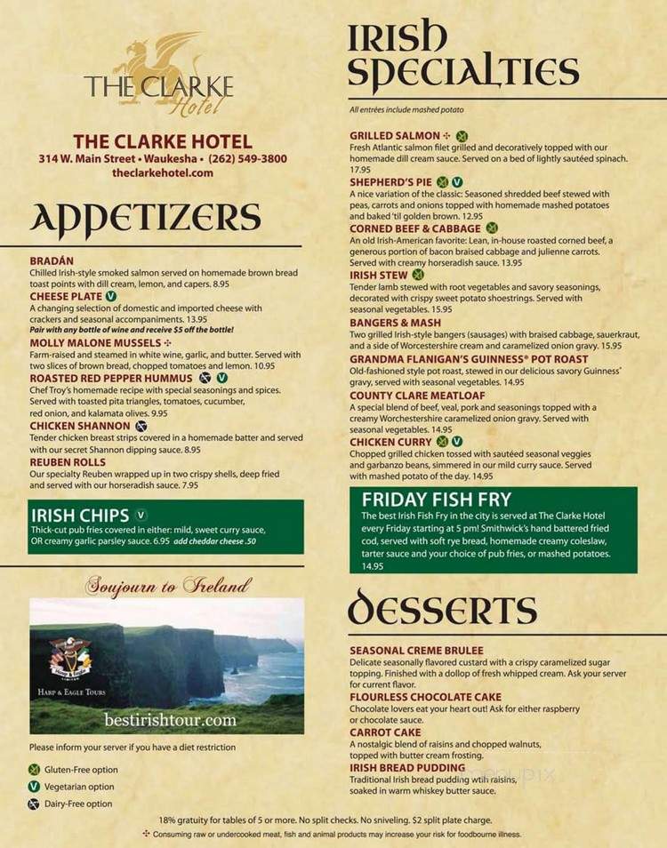 Clarke Irish Inn - Waukesha, WI menu_pic