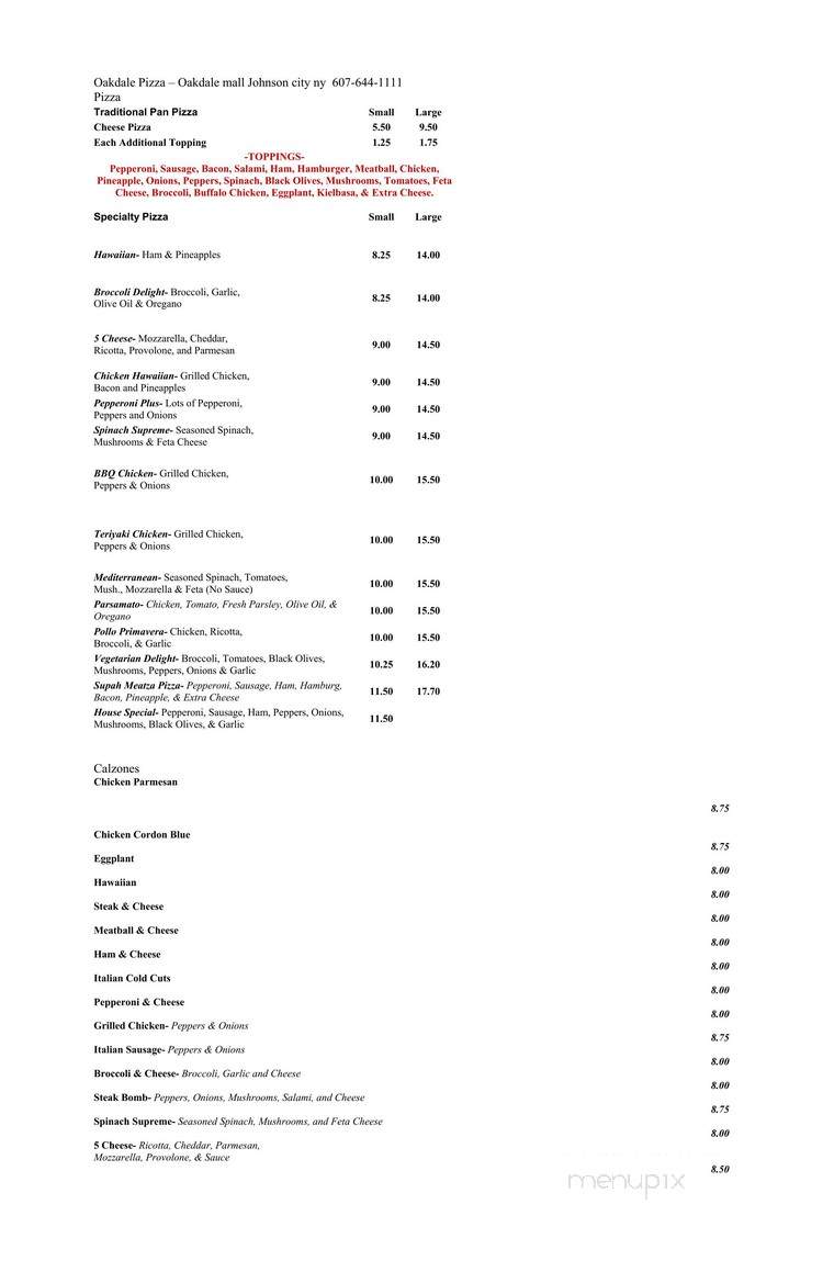 Oakdale Pizza - Johnson City, NY menu_pic