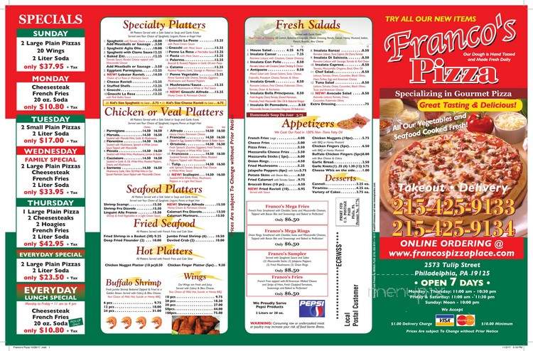 Franco's Pizza - Philadelphia, PA menu_pic