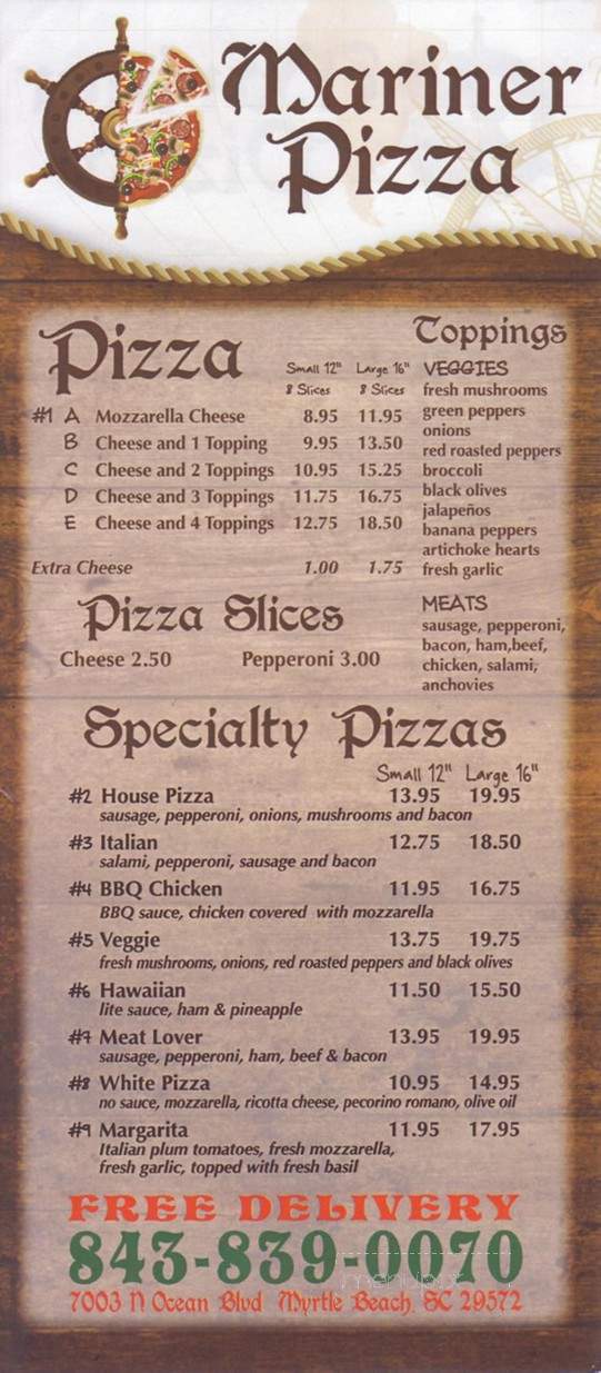 Mariner Pizza - Myrtle Beach, SC menu_pic